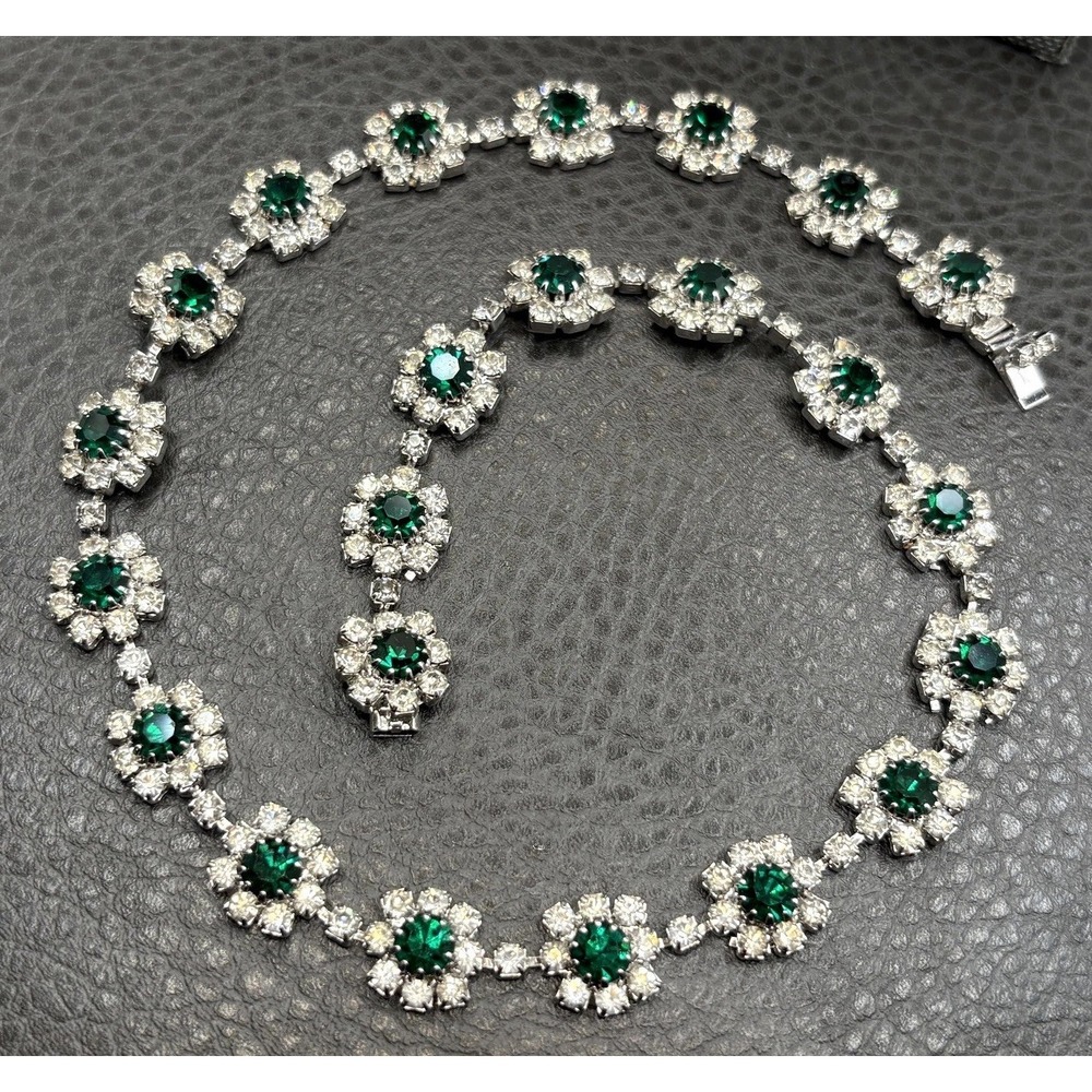 Vintage Green Crystal Rhinestone Flower Cluster Choker Necklace Silver Tone 17" - Picture 5 of 16
